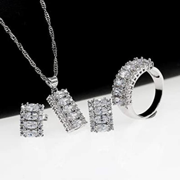 Crystal Necklace Earring Ring Set CZ Cubic Zircon Rhinestone Necklace Earrings - Picture 3 of 8